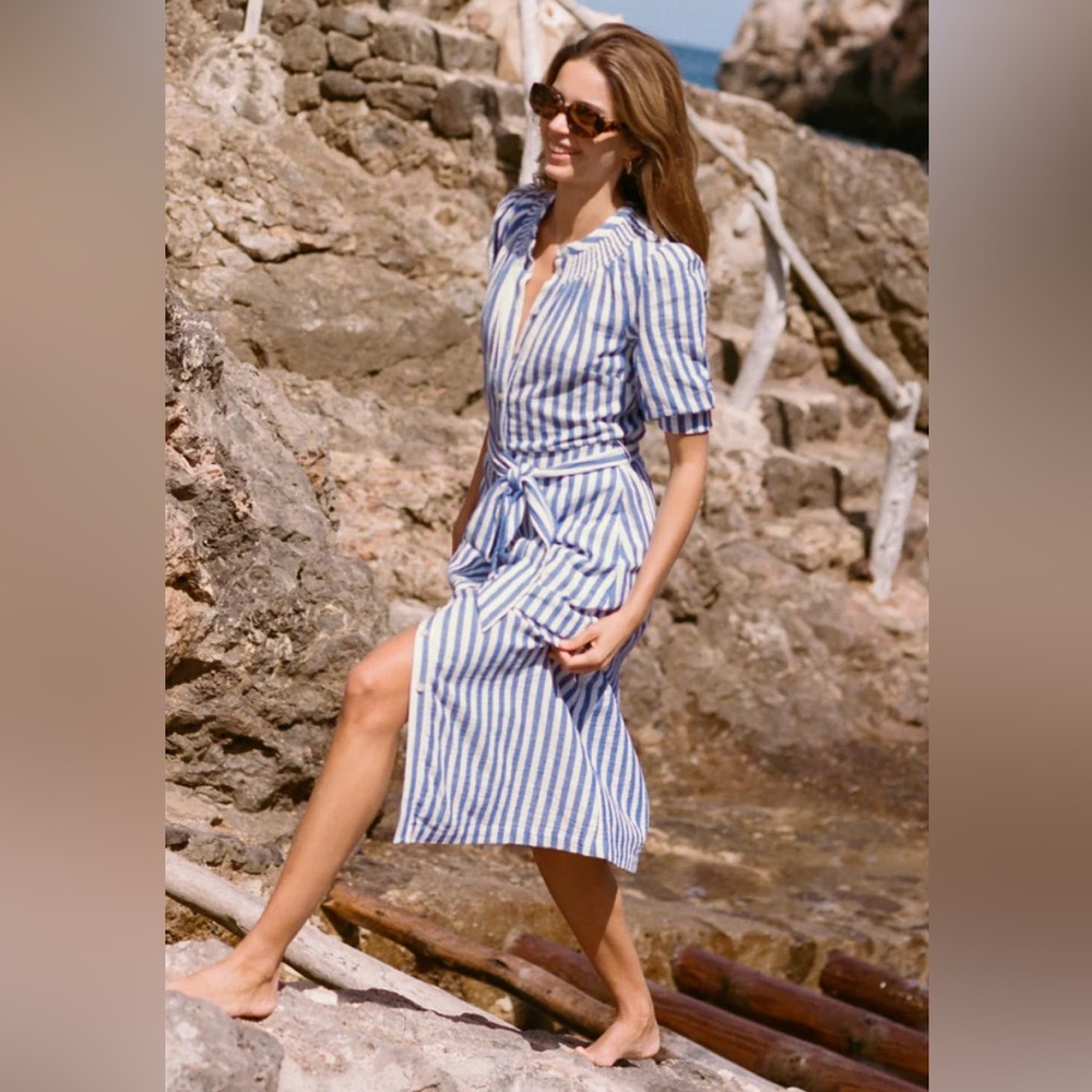 NWT Boden Ada Double Cloth Midi Dress Size 2 Blue White Stripe Coastal Preppy - Picture 3 of 16